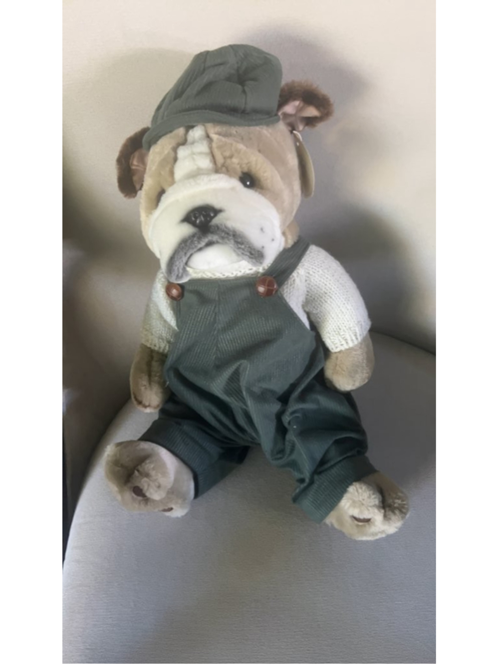 Vintage Plush Bulldog Toy with Overalls and Cap